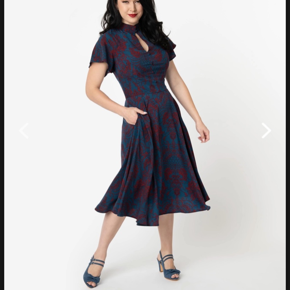 Unique Vintage Blue & Burgundy Damask Dress